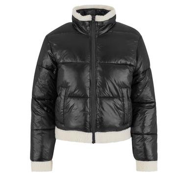 Allwetterjacke URBAN CLASSICS "Urban Classics Ladies Recycled Shiny Puffer Sherpa Jacket", Damen, Gr. 3XL, schwarz-weiß (schwarz, sandweiß), 100% Polyamid, unifarben, casual, normal, amerikanischer Ausschnitt, Langarm, Jacken Image