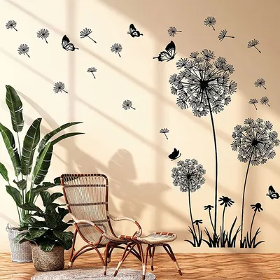 Schwarze Löwenzahn-Wandaufkleber, Schmetterlinge an der Wand, Wohnzimmer, Schlafzimmer, Glas, Image