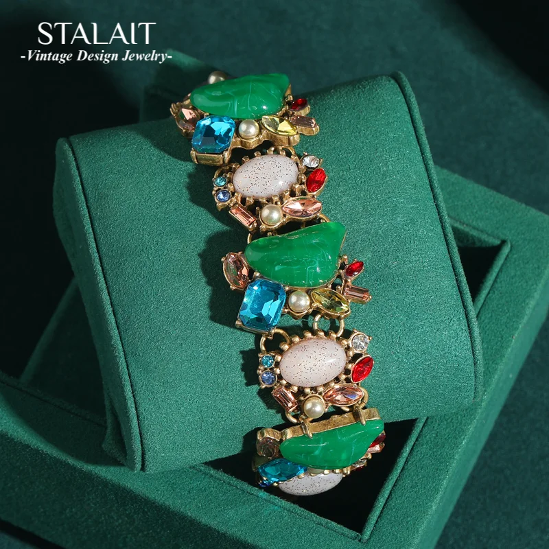Vintage Frauen Armband Antiken Schmuck Barock Perle Grün Blau Kristall Farbe Geometrisch Geformte Stein Zubehör Neue Luxus