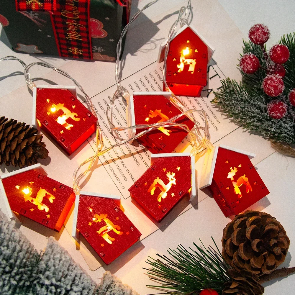 Niedliche Mini-Weihnachts-Lichterkette aus Holz in Hausform, Holzhaus, LED-Lichterkette, Weihnachtsbaum-Hängeleuchten für Weihnachten, Zuhause, Noel