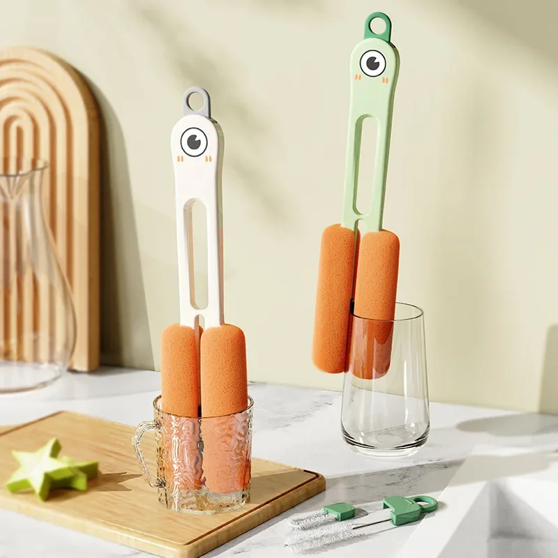 Home Küche Kleines Werkzeug Multifunktionale Tassenbürste Langer Griff Waschbecherbürste Reinigungsbürste Vier-Use-Doppelkopf-Flaschenbürste Image
