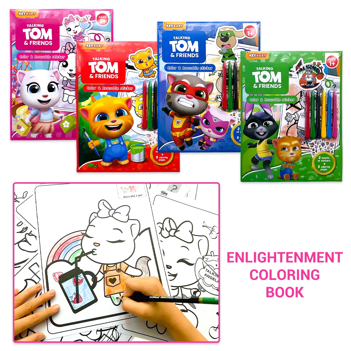 KEYBADY TOM & FRIENDS Malbuch für Kinder + wiederverwendbare Aufkleber + Buntstift-Set für Kinderkunst Image