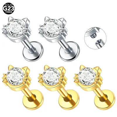 1/5PCS Titanium 16G Flat Back Cartilage Stud Earrings Piercing Crystal Cat Labret Tragus Helix Lobe