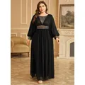 Robe de soirée en mousseline de soie à manches longues et paillettes, robe de Rh, longueur au sol, maille, noir, grande taille, 4XL, 5XL