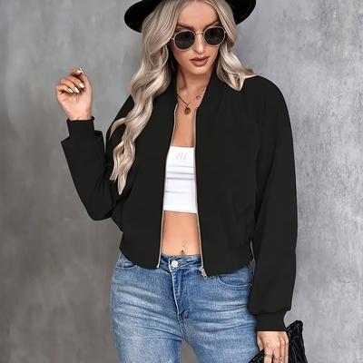 TEMU Chic Solid -up Jacket For Women - Casual Long Sleeve Outerwear With Stand Collar, Machine Washable - Fall/winter