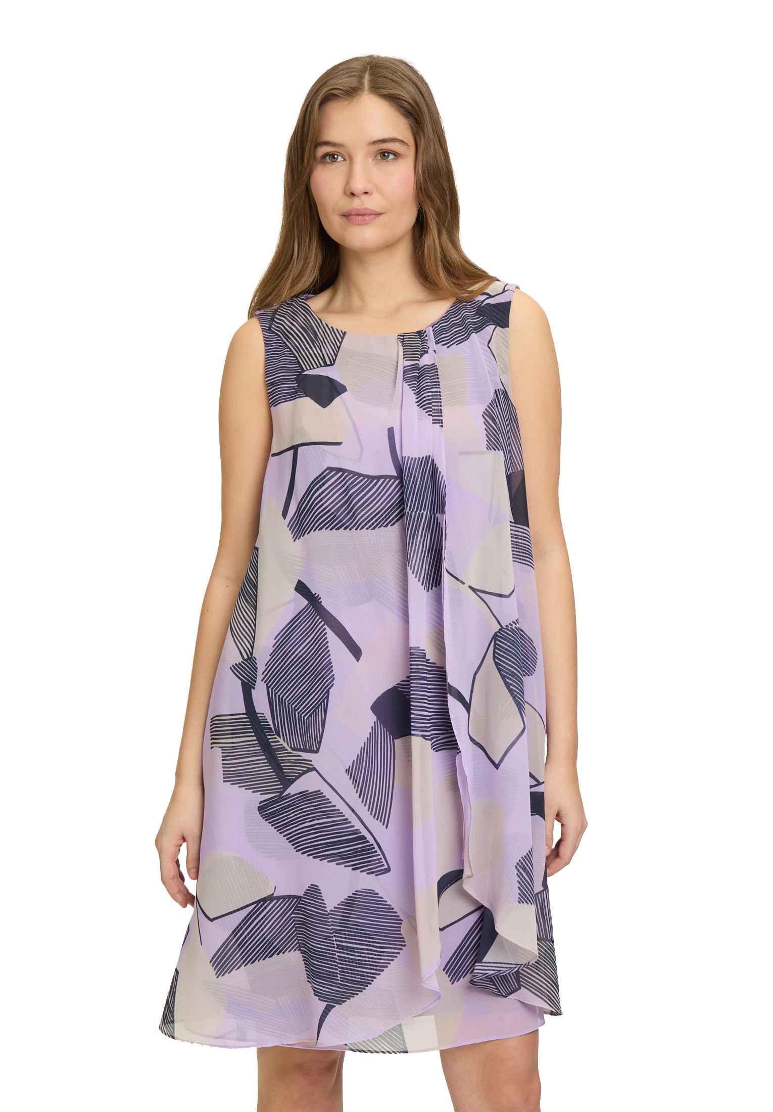 Chiffonkleid BETTY & CO "Damen im Layer Look", Damen, Gr. 46, Normalgrößen, lila (lila, nature), Obermaterial: 100% Polyester. Futter: 100% Polyester., ausgestellt kurz, Rundhals, Kleider Chiffonkleid, Druck