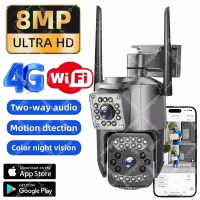 4G Panorama Wifi Camera 8MP IP Surveillance Cameras HD Color Night PTZ Baby Monitor 8X Zoom Dual Lens V380 Outdoor Wireless CCTV