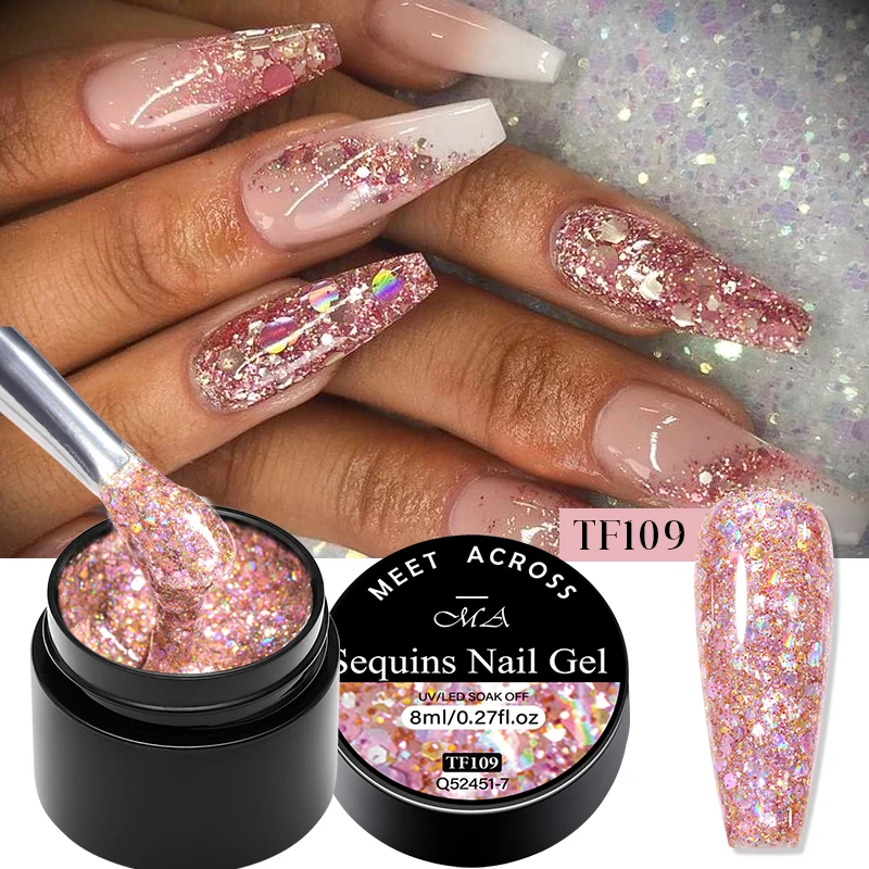 MEET ACROSS 8ml Flash Pailletten Gel Nagellack Gold Silber Rosa Malerei Gel Liner Gel Für Nägel Glitter UV Nagelkleber Nail Art Image