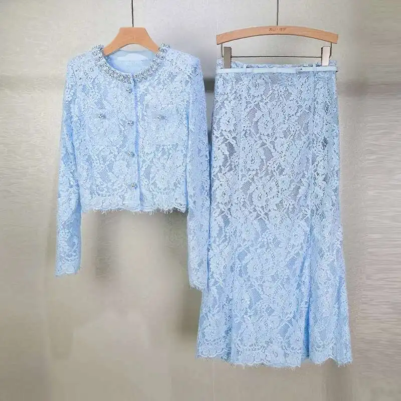 Luxus Lange Abendkleider Spitze 2 Stück Frauen Rock Sets Kristall Jacke Mantel Midi Langen Rock Anzüge 2 stücke Abend Party vestidos Image