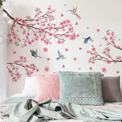 Wandaufkleber mit Zweig und Vogel, Kirschblüten, selbstklebende Pfirsichblumen-Tapetenaufkleber für Wohnzimmer, Schlafzimmer, Heimdekoration Image
