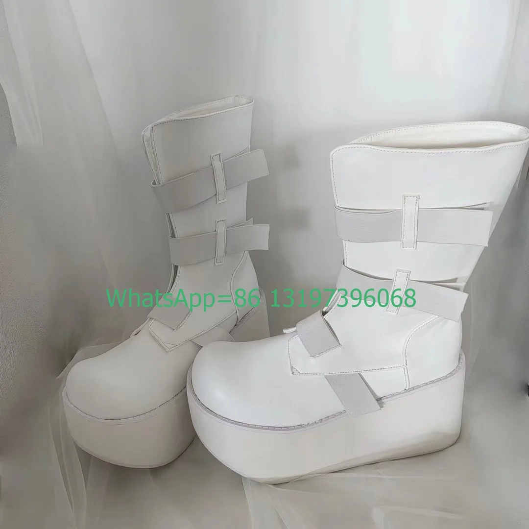 Dame weiß Bühne Clown Schuhe Performance Stiefel Plattform Schnalle Riemen weiß Kalb Stiefel t Show Mary Janes Stiefel Schuhe Größe