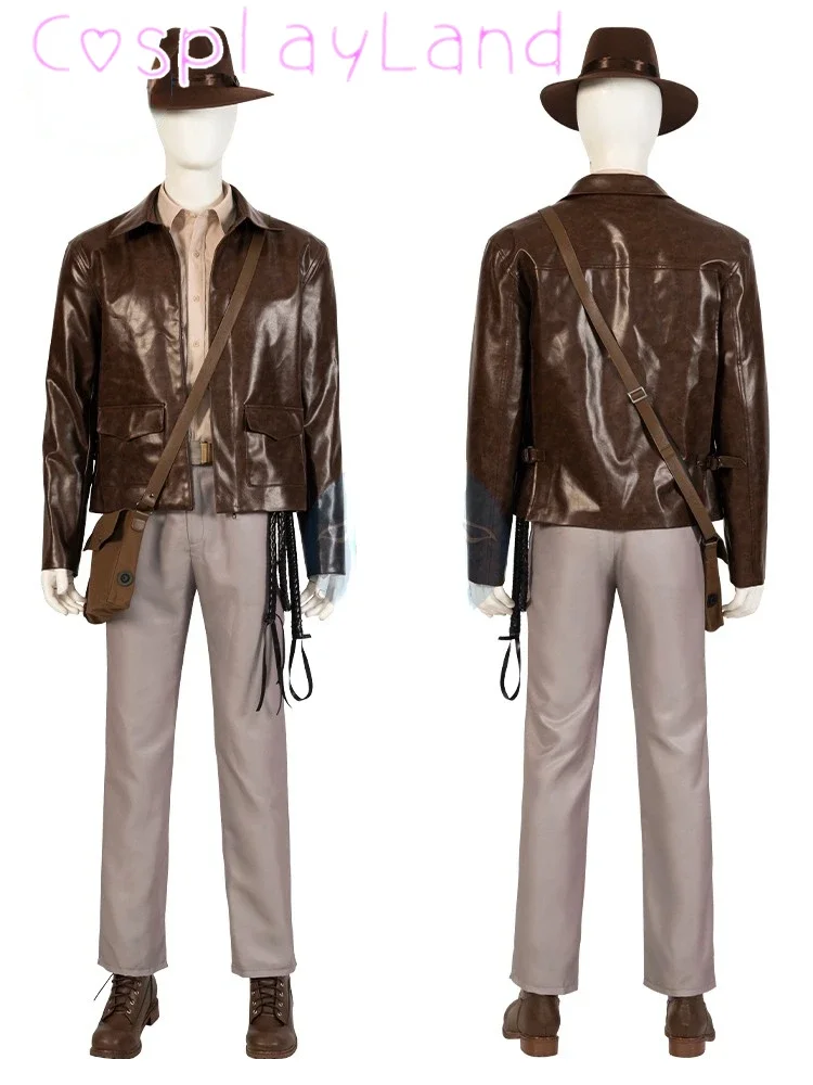 Indiana Dr. Jones Cosplay Kostüm Abenteurer Indy Outfit mit Hut Zubehör Halloween Karneval Herren Anzug Jacke Hemd Image