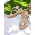 sandali con zeppa e cinturino a T con strass da donna - sandali aperti con elastico sul retro per abbigliamento casual ed estivo
