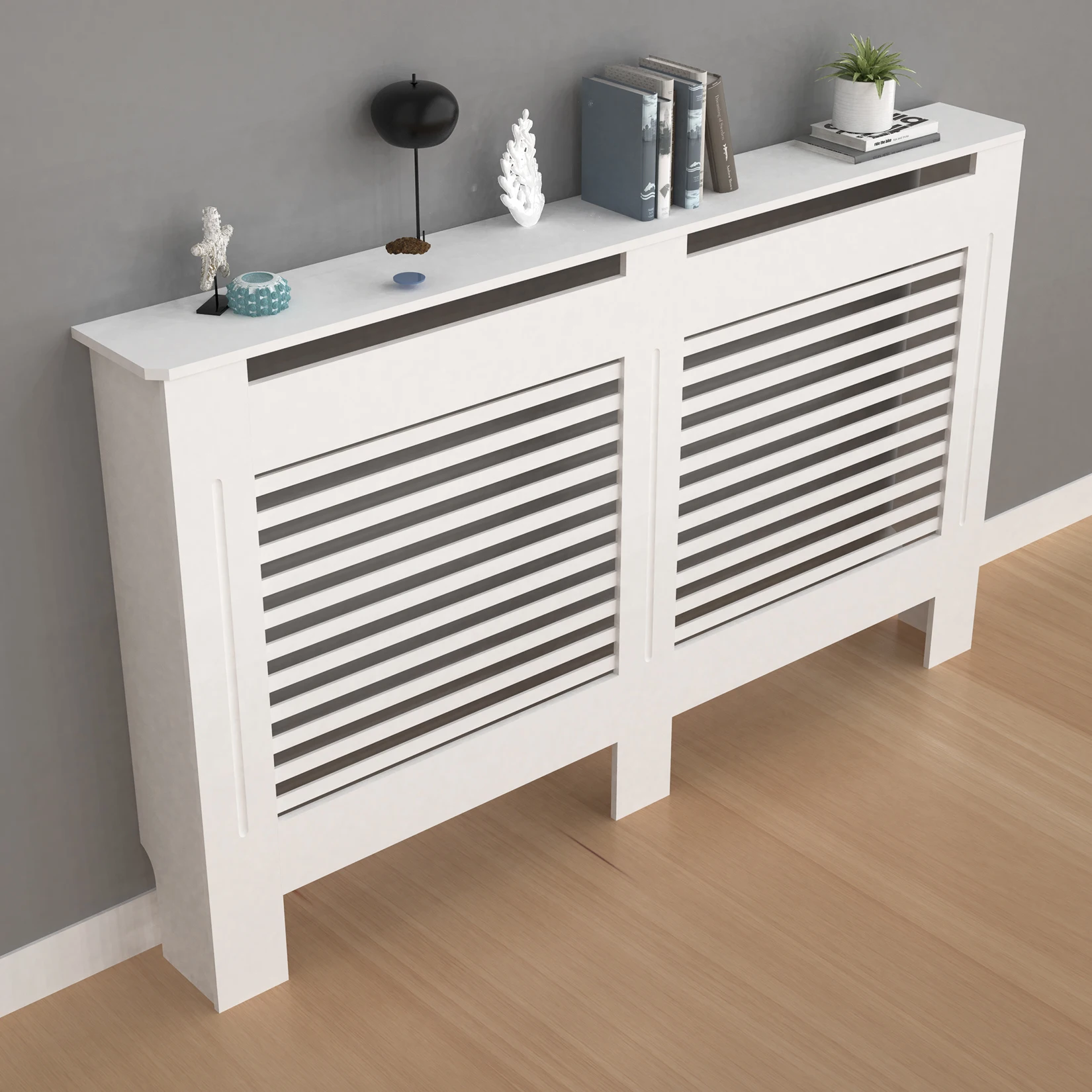 Couvercle de radiateur en bois pour armoire, couvercle de chauffage à lattes horizontales blanches, grand étagère de radiateur moderne