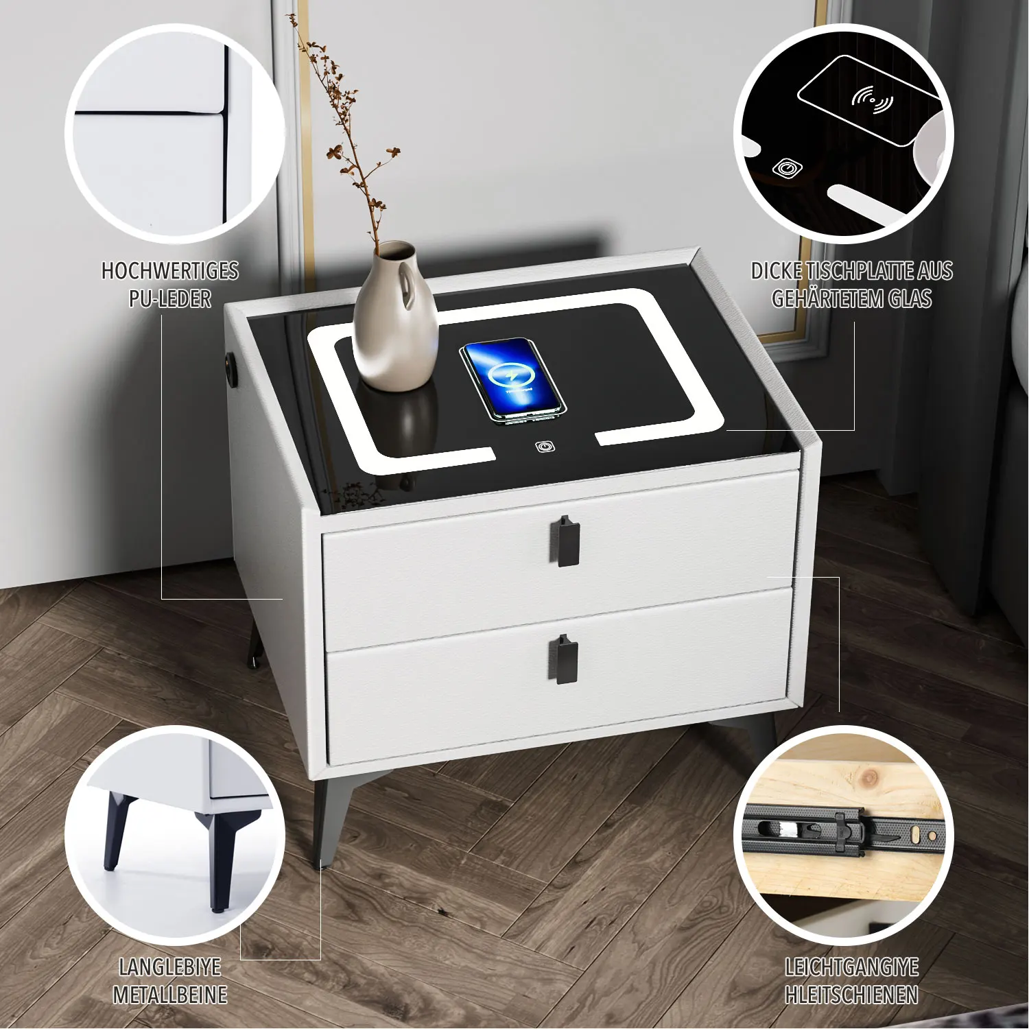Comodino intelligente Oyajia con ricarica wireless, comodino con luce LED, comodino a 2 cassetti, comodino a LED per soggiorno
