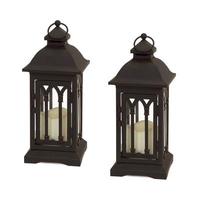 Lantern w/3"x3" LED Candle (Set of 2) 12.25"H Iron/Glass/Plastic - 2 AA Batteries Not Incld. by Melrose in Black
