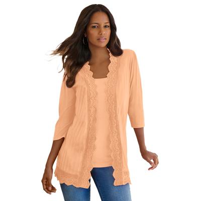 Plus Size Women's Crochet Trim Pointelle Cardigan by Roaman's in Peach Fuzz (Size 18/20) 3/4 Sleeves