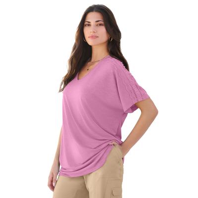 Plus Size Women's Lace Trimmed Textured Tee by Roaman's in Mauve Orchid (Size 14/16)