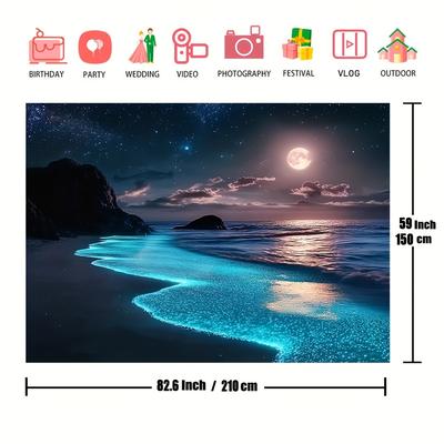 TEMU 1pc Blue Beach And Moon Scene Tapestry, Polyester Wall Decor, Ideal For Bedroom And Dorm Room Image