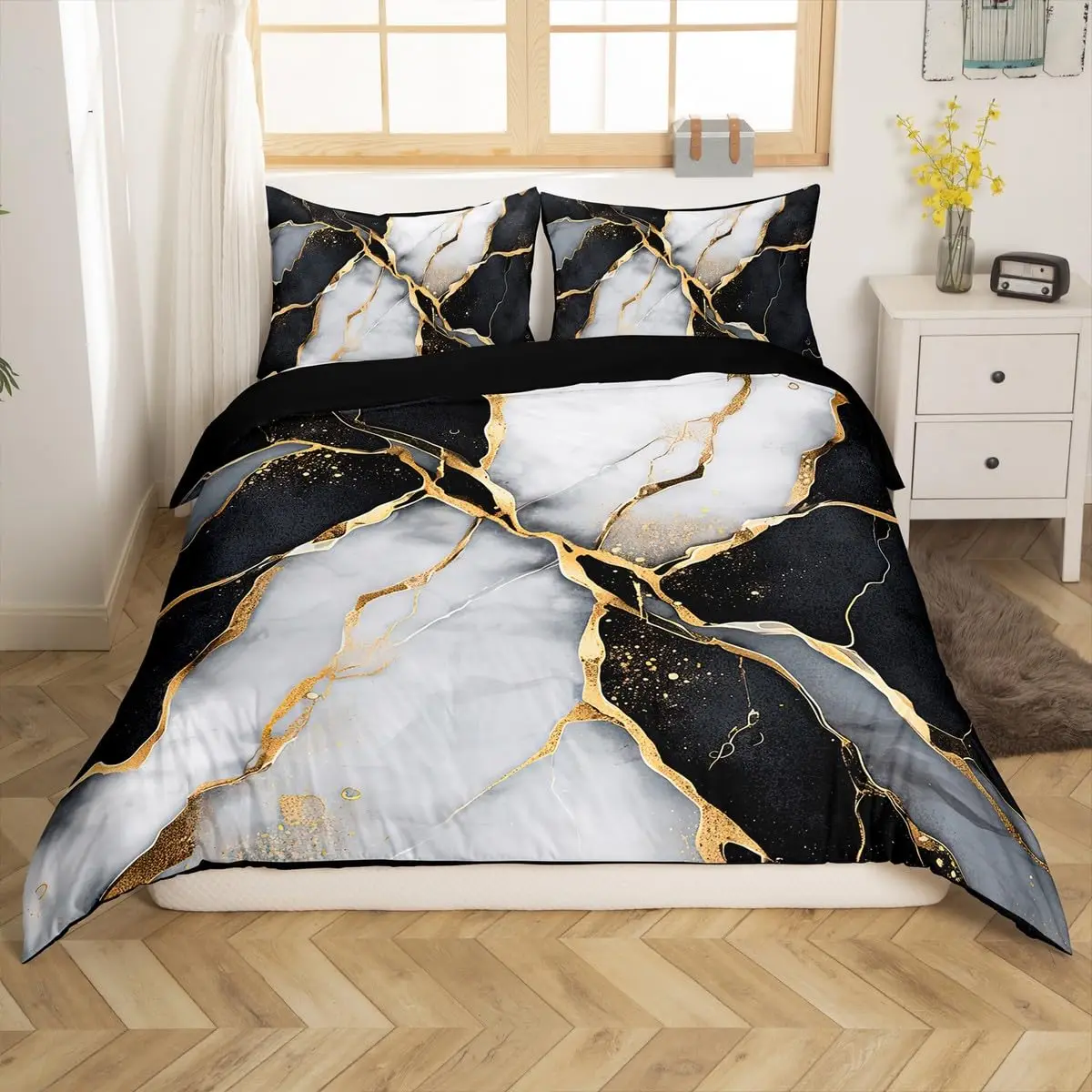 Bettbezug-Set aus schwarzem Marmor, Bettwäsche-Set aus Metallic-Marmor, Bettwäsche-Set aus schwarzem Gold mit abstrakter Marmorstruktur, Bettbezug-Sets für King-Size-Betten Image