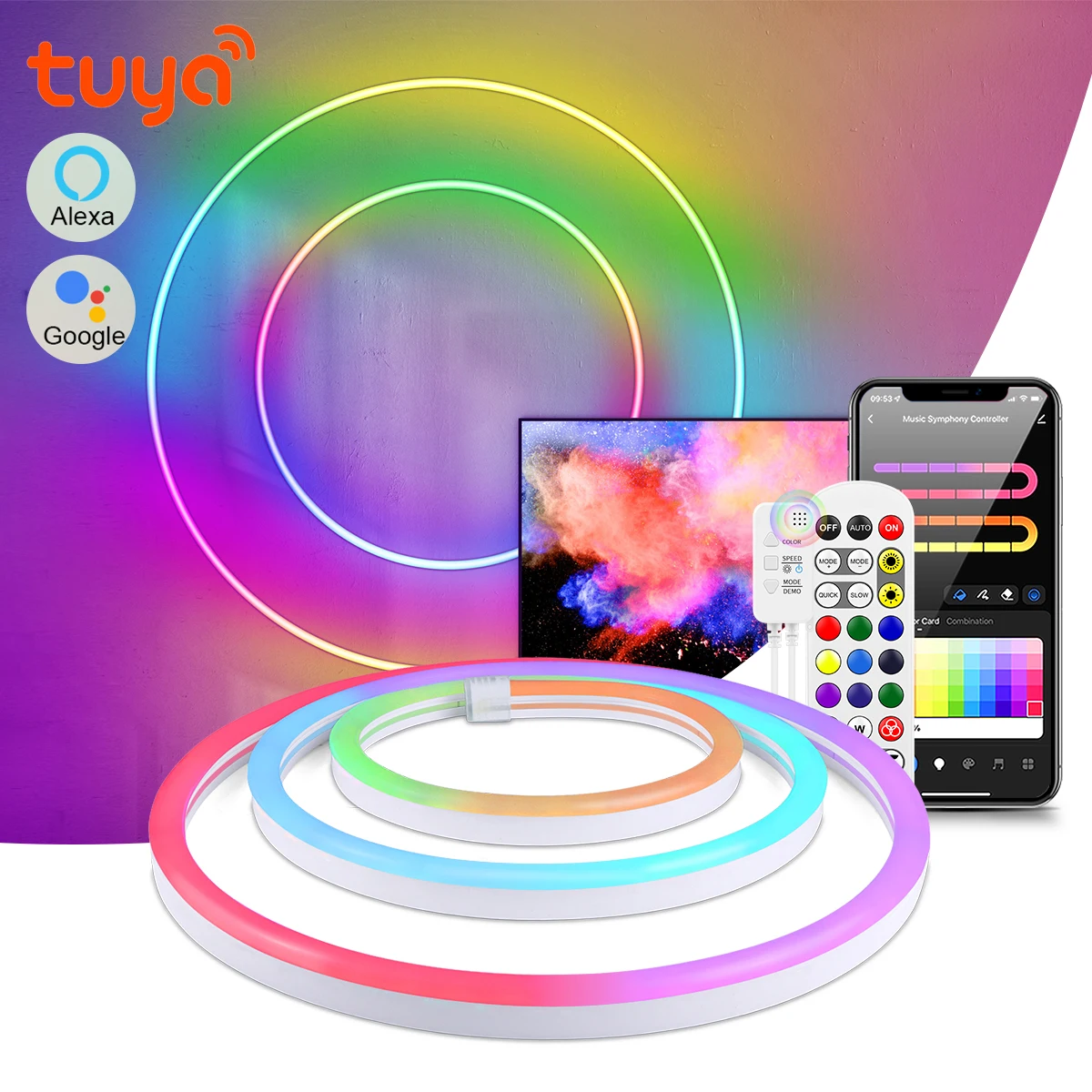 24V Tuya LED-Streifen WiFi/Bluetooth-Steuerung Silikon-Neon-Lichtschlauch mit Musiksynchronisierung RGBIC Dreamcolor Chasing Tape Game Room Decor