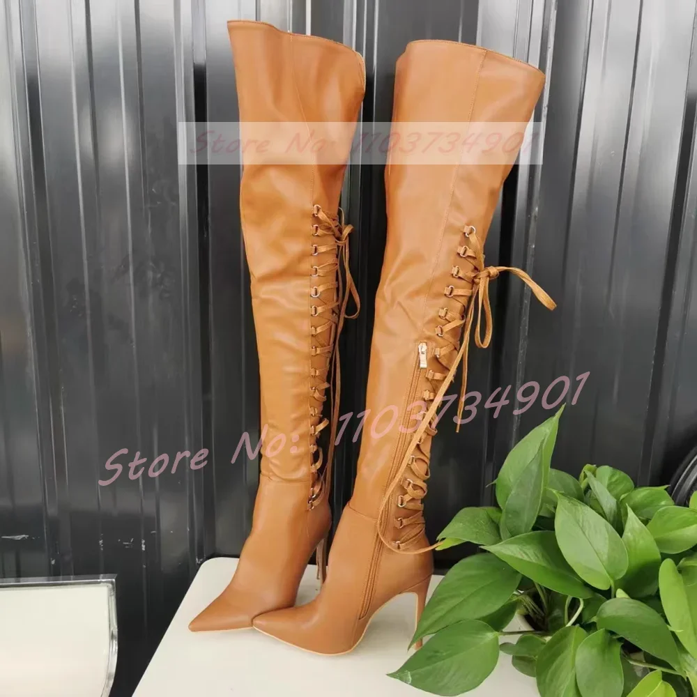 Lace Up Braun Oberschenkel Hohe Stiefel Frauen Sexy Spitze Zehen Seitlichem Reißverschluss High Heels Schuhe Damen Party Mode Schlanke Leggy Große Größe Stiefel