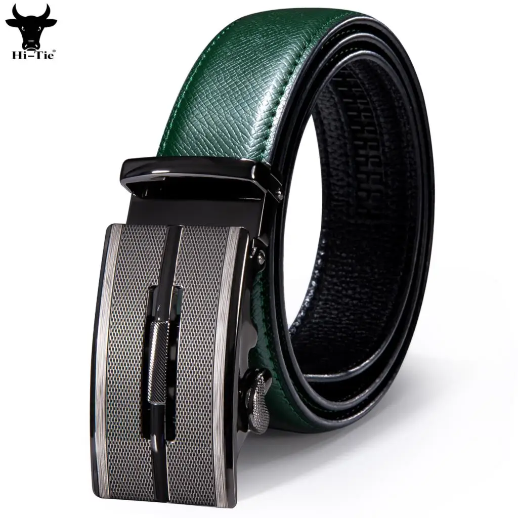 Hallo-Krawatte Vintage Silber Automatische Schnallen Herren Gürtel Luxus Grün Echtes Leder Ratchet Hosen Taille Gürtel für Männer Kleid jeans