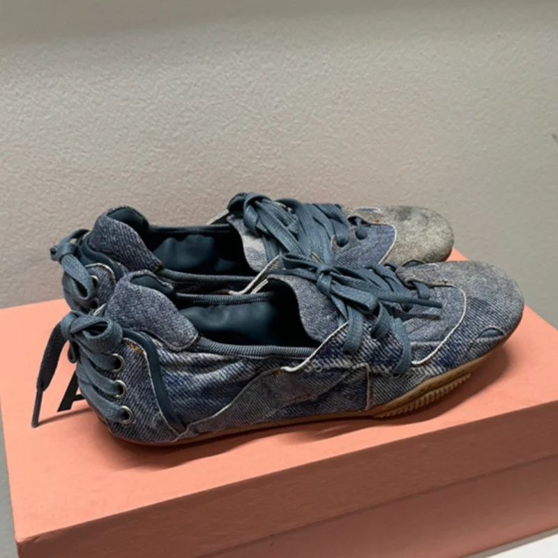 Mode Flache Ferse Frauen Turnschuhe Denim Plissee Alle Spiel Casual Einzelnen Schuhe Weiblichen Spaziergang Komfort Ballett Schuhe Retro Designer Heißer