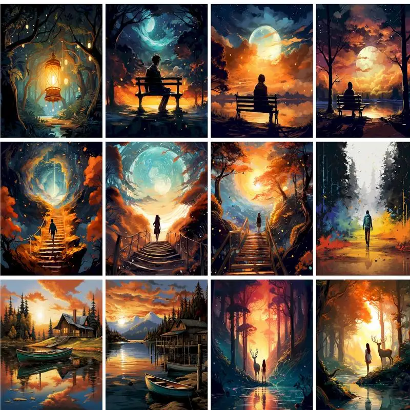 GATYZTORY Ölgemälde nach Zahlen mit Rahmen, Flussufer, Bäume für Erwachsene, Heimdekoration, DIY-Geschenk, Leinwandgemälde, Handarbeit, Landschaft