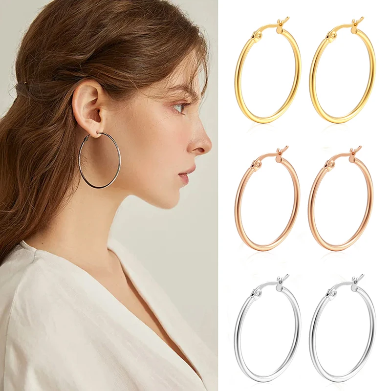 30-80mm Große Einfache Klassische Creolen Für Frauen Mädchen Kreis Edelstahl Ohrringe Gold Silber Farbe Runde Ohrringe geschenk