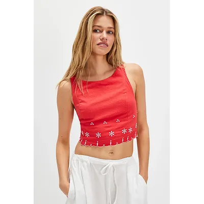 Kayla Solid Embroidered Top at Free People in Flame Red, Size: Medium