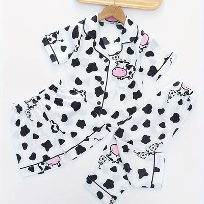 TEMU 3pcs Girls' Short Sleeve Shirt And Shorts Pajama Set, Casual Polyester Sleepwear With Random Print, Regular Fit, Spring/summer Collection