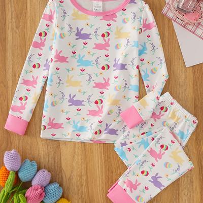 TEMU 2pcs Kids' Cute Animal Print Pajama Set - Spring/fall, Polyester Knit, Long Sleeve, Skinny Fit, Easter Gifts