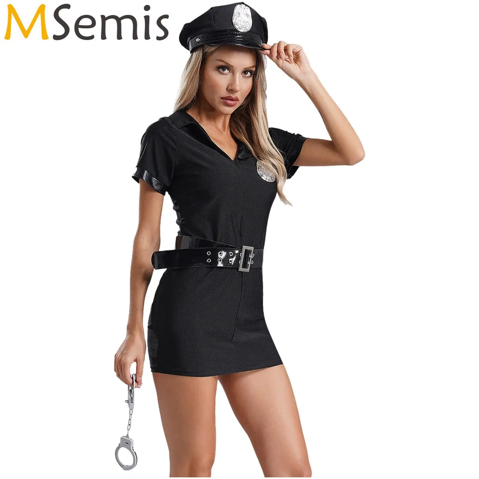 Frauen Halloween Cop Officer Cosplay Outfits Polizei Uniform Kurzarm Mini kleid mit Hut Gürtel Abzeichen Fesseln Zubehör Image
