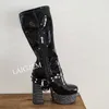 DOHBANER Frauen Wadenhohe Stiefel Elastische Nieten Plattform Seitlicher Reißverschluss Klobige High Heels Stiefel Damen Schuhe Frau Große Größe 39 43 52
