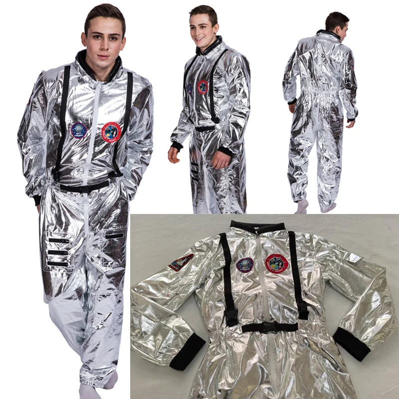 Erwachsene Silber Astronaut Kostüm Männer Frauen Spaceman Anzug Space Man Nasa Outfit Overall Halloween Cosplay Party Dress Up Geburtstag Image