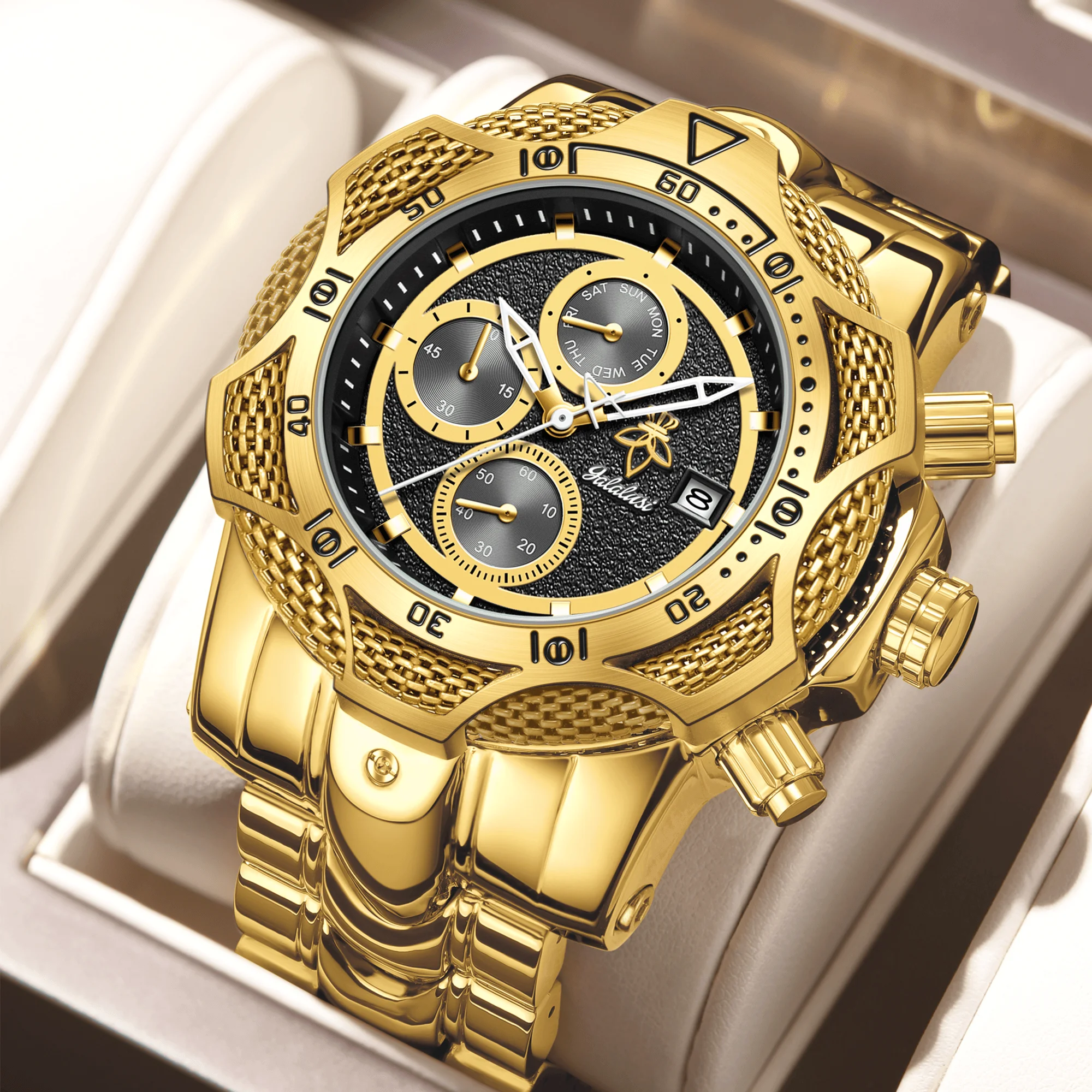 YaLaLuSi Bully Trend Quarzuhr für Herren, Deluxe Gold, Doppelkalenderfunktion, modisches, personalisiertes Hip-Hop-Geschenk für Männer