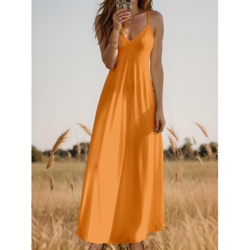 Damen Maxi Kleid Sommerkleid A-Linie Kleid Nachtkleid Urlaub Lässig Urlaub Alltag Strand Regelmäßige Passform Einfarbig Grafik Einfach Ärmellos V-Ausschnitt Schwarz Weiß Gelb Wein Sommer Frühling Image