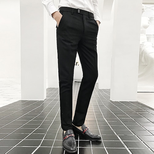 Herren Anzughosen Eng Hose Hosen Bleistifthosen Tasche Glatt Atmungsaktiv Dehnbar Knöchellänge Hochzeit B¨¹ro Geschäft Baumwolle Schick Modern Casual Dünn Schwarz Grau elastisch Image