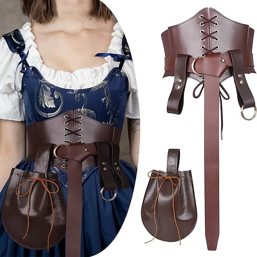 Retro Vintage Mittelalterlich Renaissance Taillengürtel Gürteltasche Schwertfrosch Pirat Wikinger Elfen Kostüm Damen Vikinger Seeräuber Fantasie Halloween Karneval Leistung Party LARP Erwachsene Image