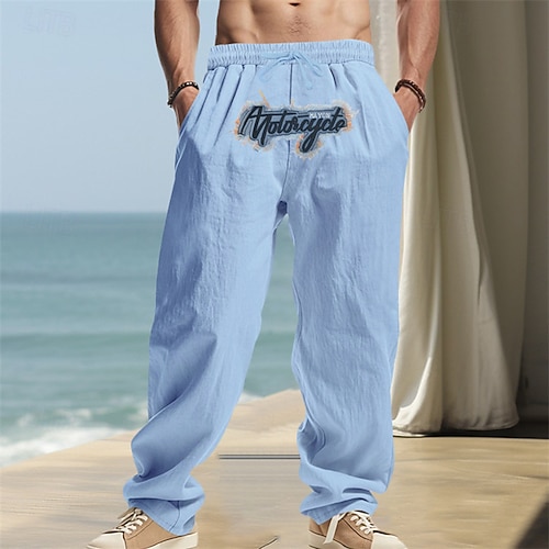 Herren Leinenhosen Hose Sommerhose Strandhose Bestickt Kordelzug Gerader Schnitt Einfach Komfort Atmungsaktiv Volle Länge Lässig Täglich Ferien Mode Hip-Hop Schwarz Weiß Image