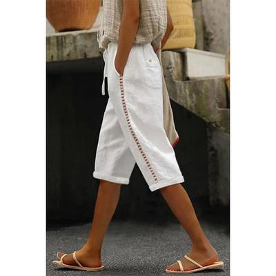 Women's Cotton Linen Pants Slacks Crop Streetwear Casual Knee Length Natural Plain Pocket Elastic Drawstring Design Breathability Soft Micro-elastic Casual Daily Wear Light Sky Blue White Pink Summer