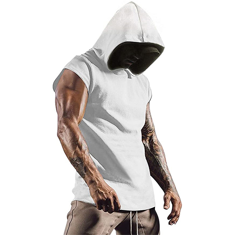 Men's Solid Colored Running Tank Top Workout Tank Summer Sleeveless Athletic Hooded Quick Dry Soft Moisture Wicking Breathable Running Jogging Training Bodybuilding White Sportswear Activewear - lightinthebox.com