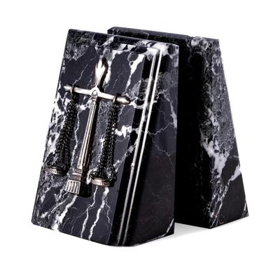 Bey-Berk Beveled Black Zebra Marble Bookends