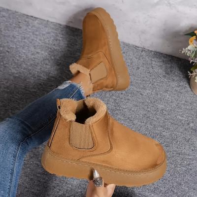 TEMU 1pr Women's Winter Casual Western Style Snow Boots - Solid Color Slip-on Round Toe Fabric Upper With Mid Heel Platform, And Fabric Insole, Winter Boots