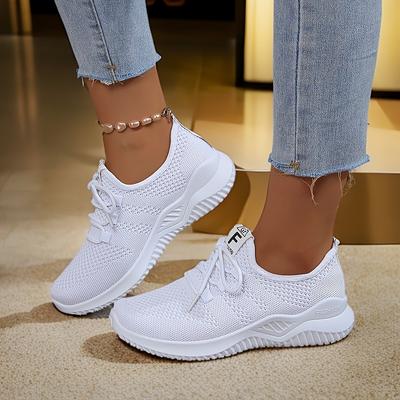 TEMU Women' Low Top Lace-up Sneakers, Casual Breathable Mesh Fabric Shoes, With Plain Toe And Pu Sole, For Footwear Image