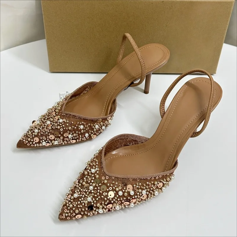 Elegant Party High Heels Women Shoes Sparkling Sequins Beads Mesh Brand Design 2025 Summer Stiletto Office Lady Luxury Sandals