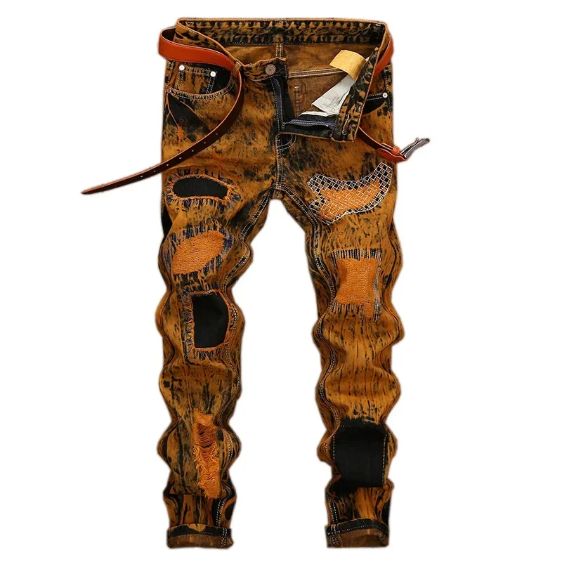 Herbst Neue Herren Orange Zerrissene Patchwork Jeans (Kein Gürtel) Personalisierte Mode Vintage Denim Hosen Motorrad Streetwear Männlich