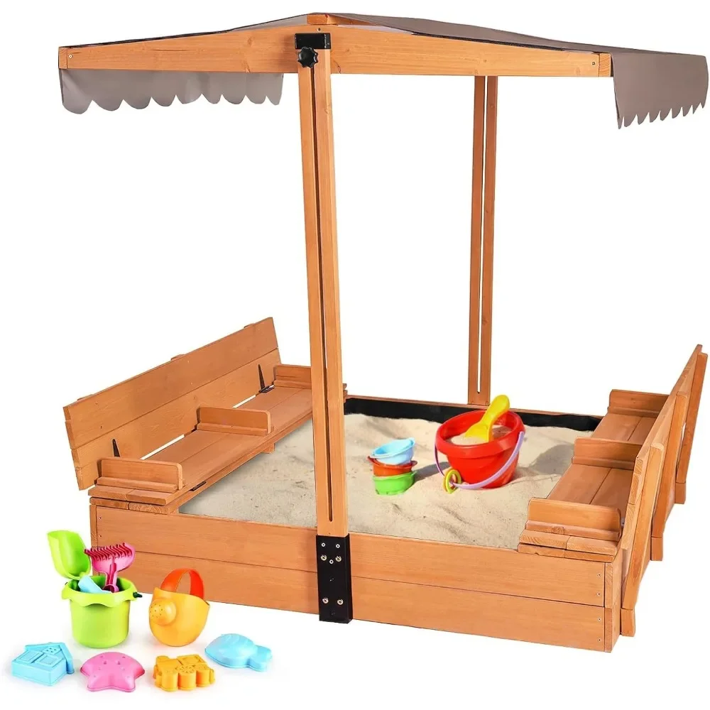 Gartenmöbel Kinder Outdoor Holzspielset, Kinder Sandkästen mit Abdeckungen Klappbare Sitzbank mit Baldachin Sandkästen