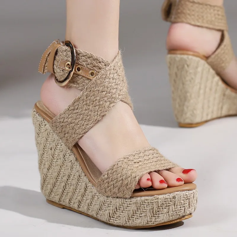Große Größe Plattform Sandalen Keil Sommer Schuhe Für Frauen Keile High Heels Beige Gestrickte Gladiator Flip-Flops Weibliche Bequeme